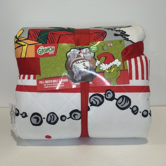 Grinch Dr. Seuss Full Queen Quilt Shams Holiday Christmas Set Max White Pillow